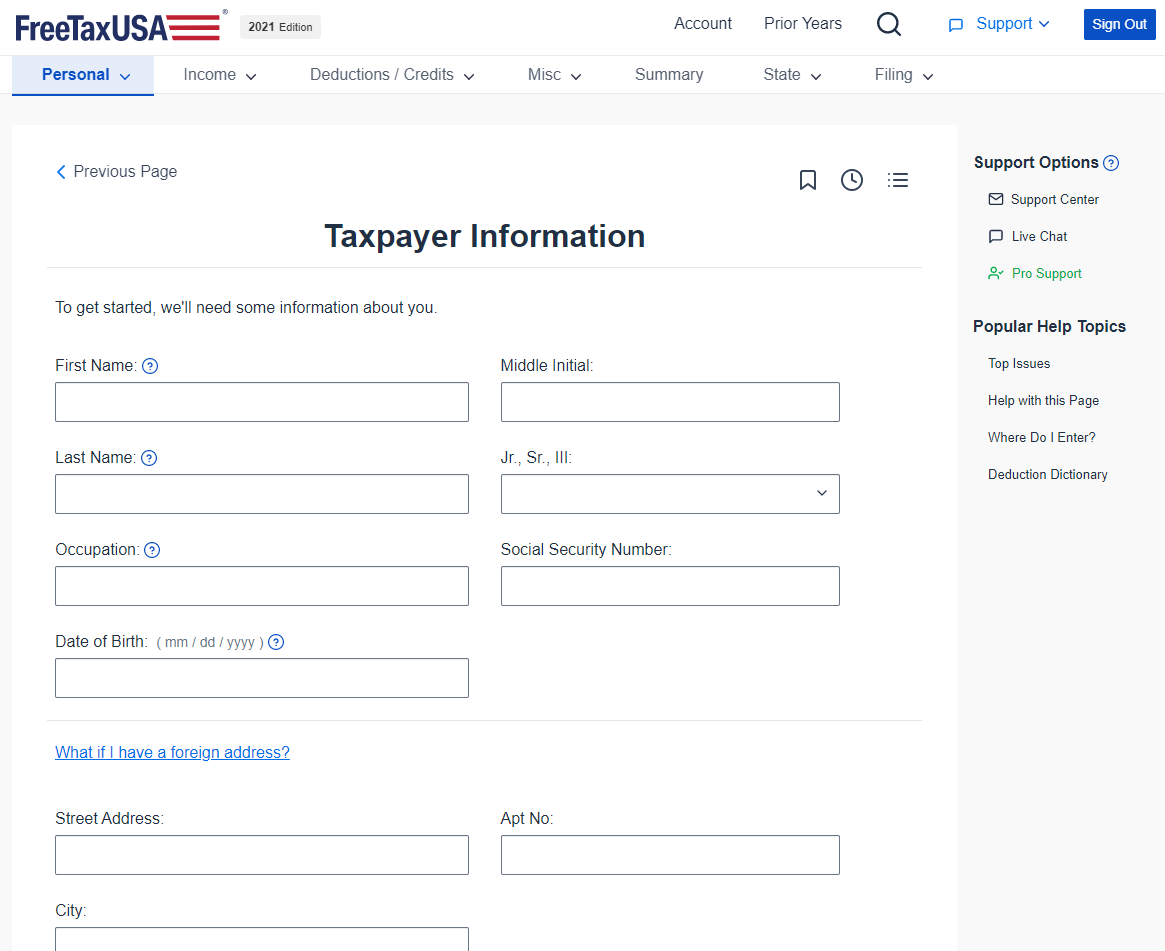 image of FreeTaxUSA's input screen that shows fields for Taxpayer Information