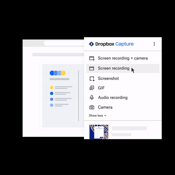 A Dropbox user clicking the "Screen recording + camera" from the menu options, selecting a portion of the screen, and clicking the red Record button.