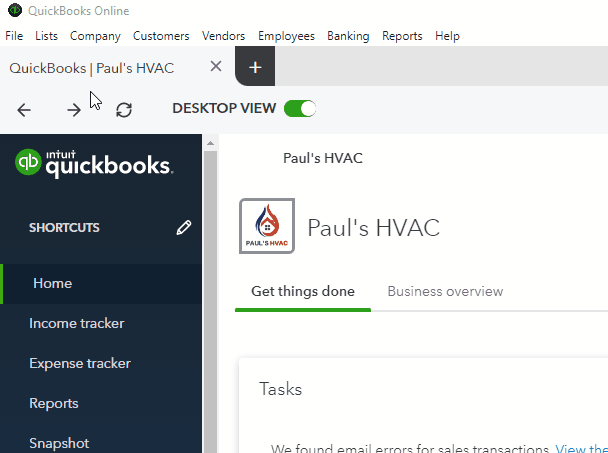 Horizontal menu bar in the QuickBooks Online desktop app showing menus like File, Lists, and Company.