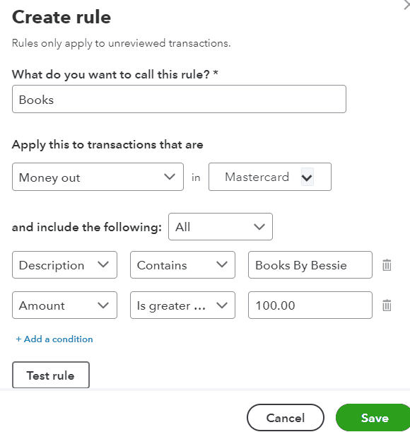 Create rule form where you can set up rules for future imported transactions in QuickBooks.
