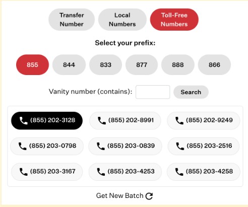 Ooma number picker with a list of nine toll-free numbers