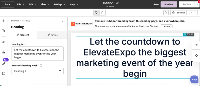 HubSpot landing page editor showing heading customization tools, responsive preview settings, and drag-and-drop content editing controls.