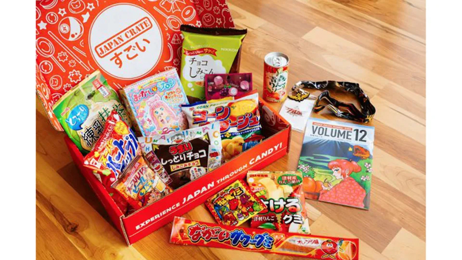 Japanese snack-themed subscription box with snacks in a bright red box.