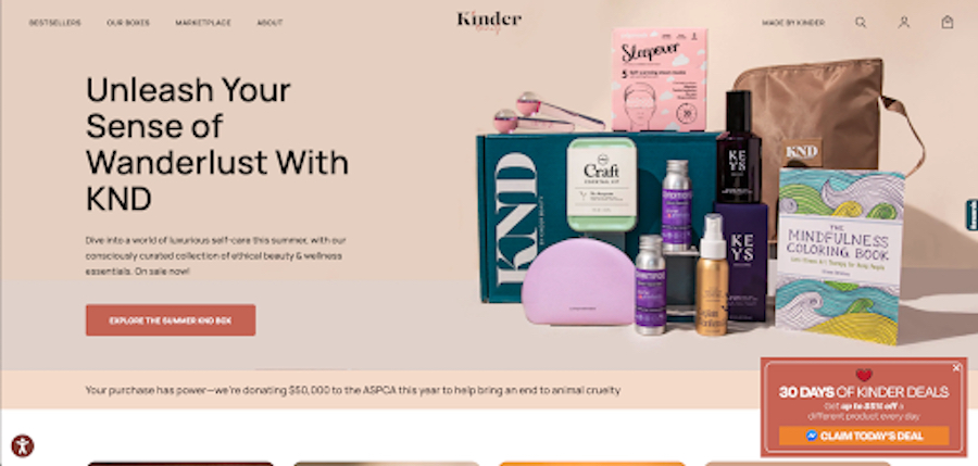 Kinder Beauty homepage with products and box displayed on pink background.