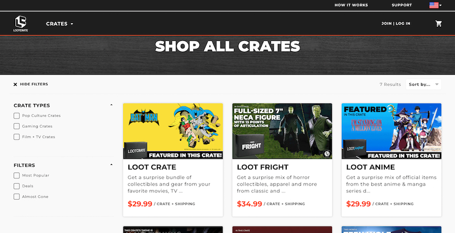 Loot Crate shopping page for shopping all crates