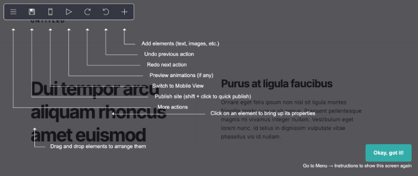 MailerLite drag-and-drop landing page editor interface showing page elements, mobile preview controls, and editing tools.