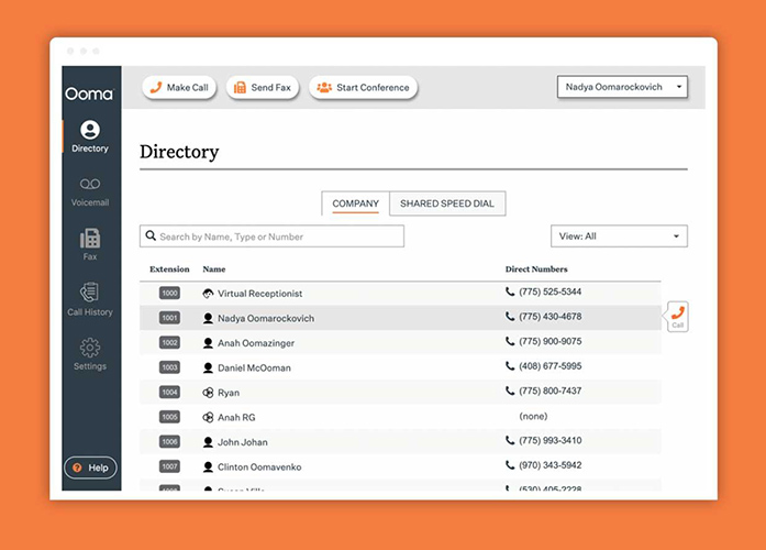 Ooma's desktop app with an extension directory.