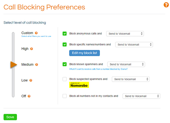 Ooma interface showing the options for call blocking: anonymous calls, specific names and numbers, known and suspected spammers, and numbers not in the contact list.