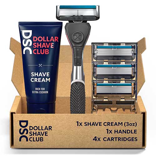 Dollar Shave Club box with shaving cream, a razor, and three additional blades.
