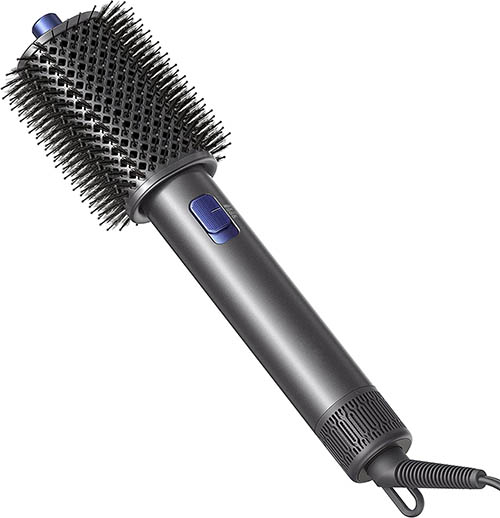 Grey roll brush hair dryer with blue button and top on a white background.