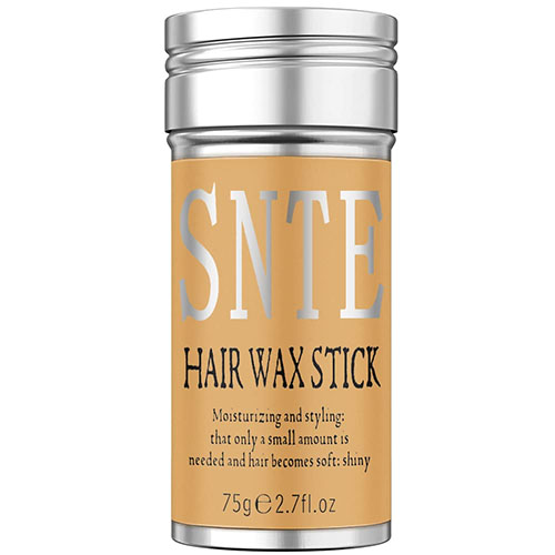 Hair wax stick in silver bottle with tan label on white background.