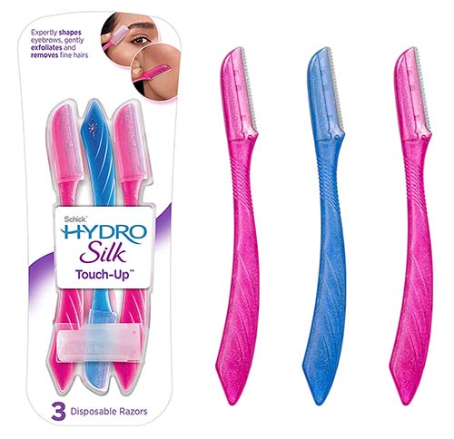 Pink and blue facial razors from Schick Hydro Silk and packaged product.