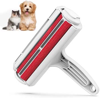 Red and white pet hair roller with dog and cat clipart in the upper lefthand corner.