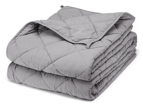 Square folded grey weighted blanket on white background.