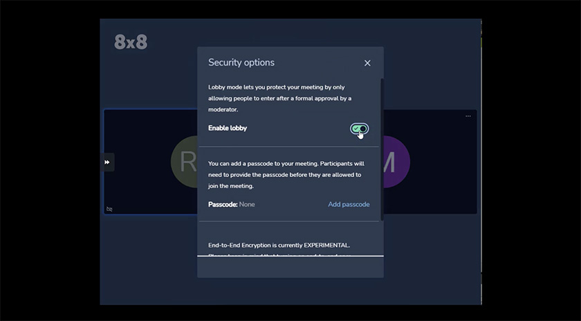 An ongoing meeting on 8x8 showing the "Security options" dialog box and the "Enable lobby" feature toggled on.