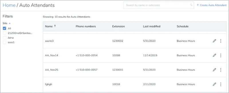 8x8's auto-attendant settings page where where users can edit names, phone numbers, extensions, and schedules.
