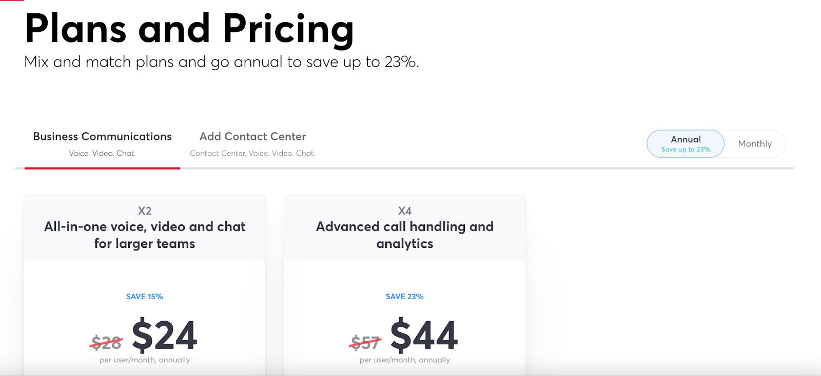 8x8's pricing plans showing annual billing discount of up to 23%,