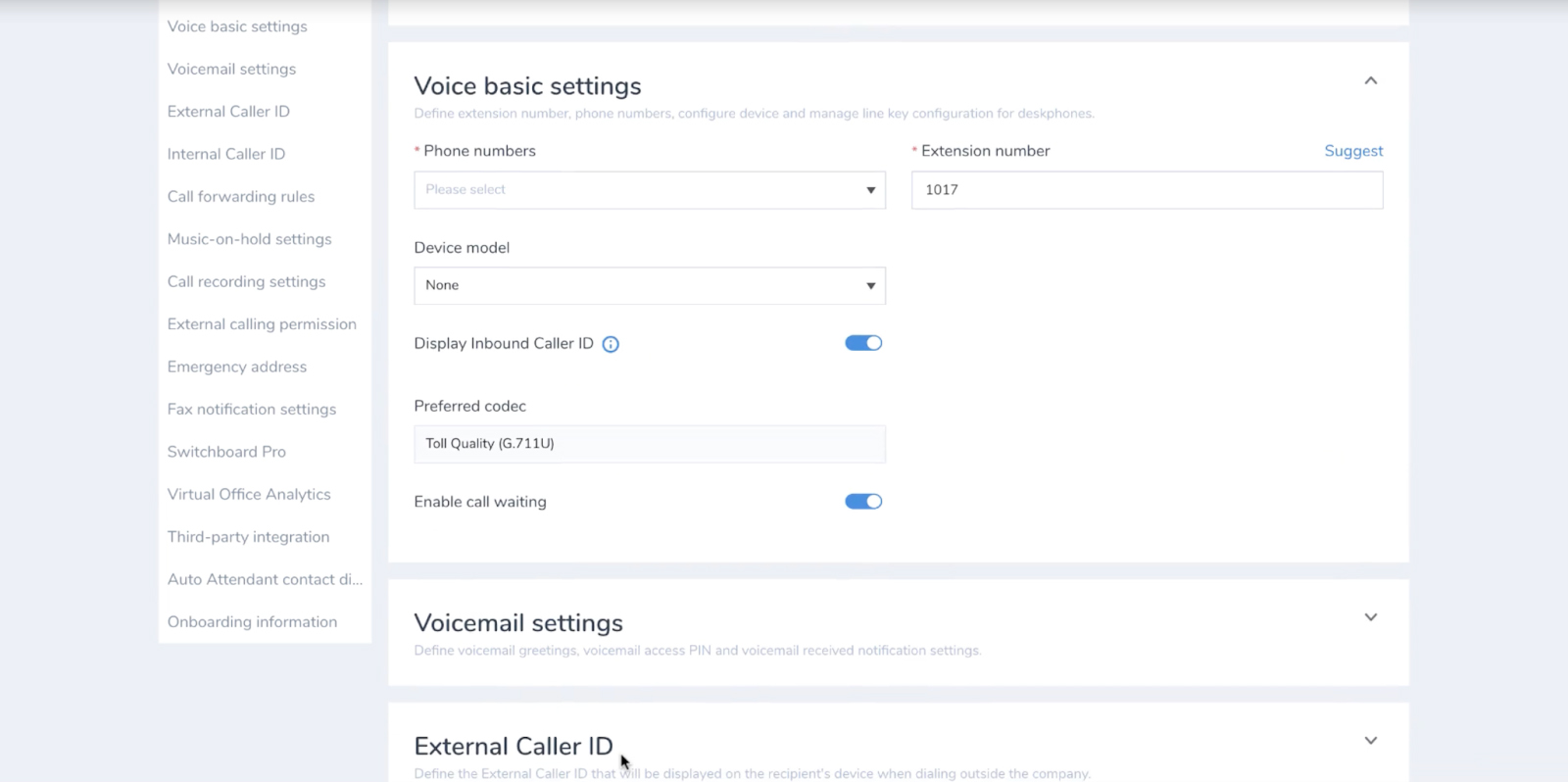 8x8's user profile interface where administrators input voice settings, caller ID, forwarding rules, and calling permissions.