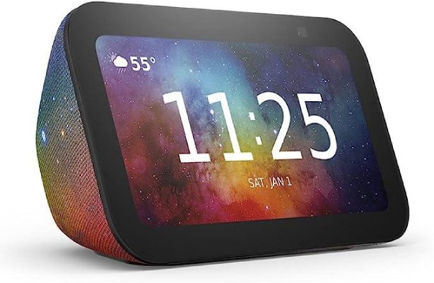 An Echo Show 5 smart device with a vibrant rainbow colored exterior.