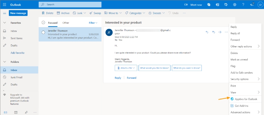 Apptivo for Outlook Add-in is listed in every email.