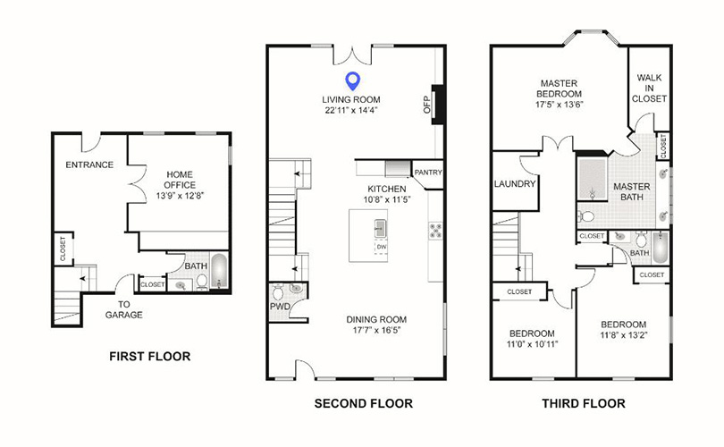Floor plan of a 3-story house.