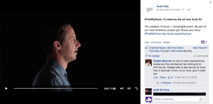 Instagram video post from Audi's account for their #PaidMyDues campaign.