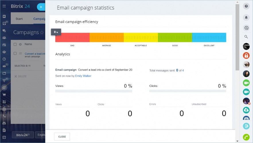 An example of Bitrix24's reporting dashboard with email campaigns statistics.