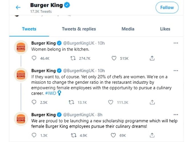 Tweet thread from Burger King's account for their International Women's Day campaign.
