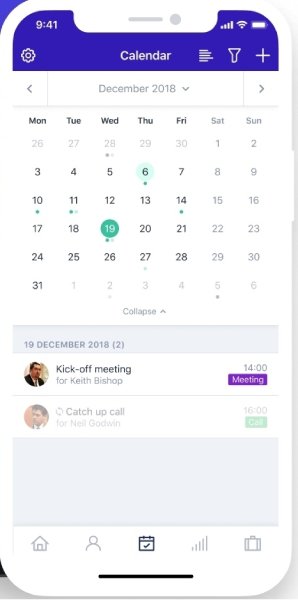 Viewing the mobile calendar and task and event list in Capsule CRM.