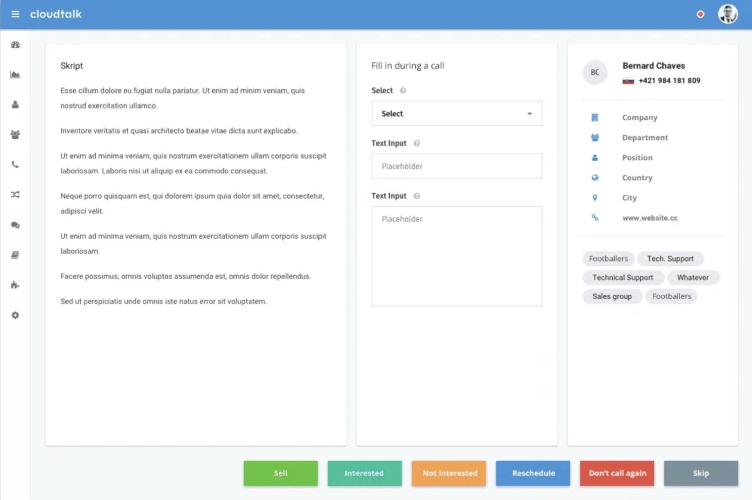 A screenshot of CloudTalk's campaign feature with call script, form, and buttons for call results.