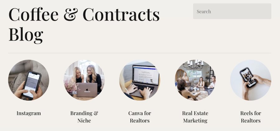 Coffee & Contracts blog categories, showing Instagram, branding, marketing, and Reels.