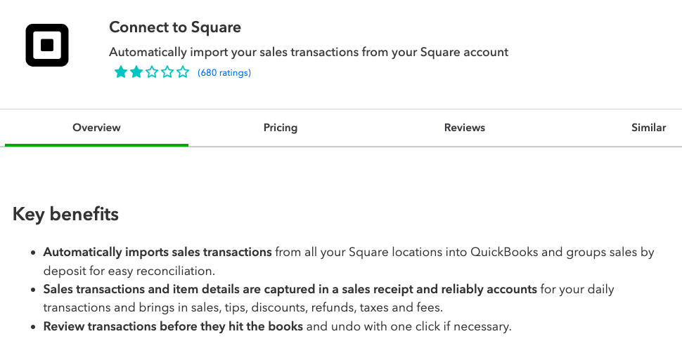 Square overview page in QuickBooks App store where you can connect QuickBooks Online to Square POS.