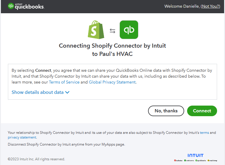 Image of a screen that shows authorization to connect Shopify Connector to Paul's HVAC, a QuickBooks Online company file.