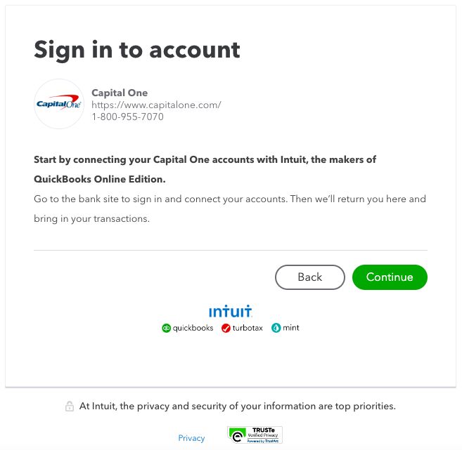 Screen where you can sign in to your credit card account in QuickBooks Online