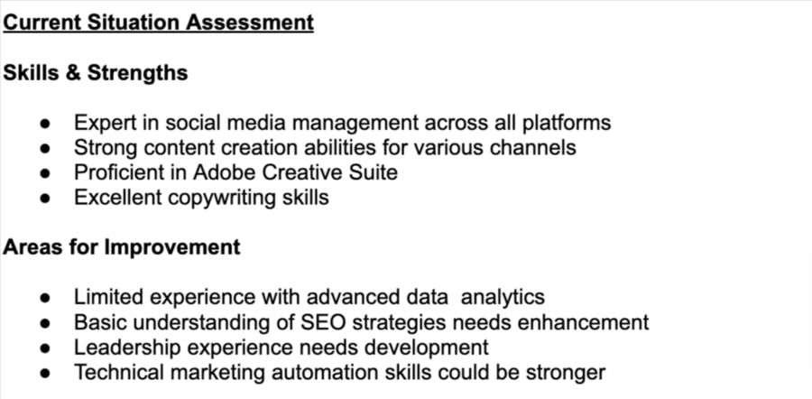 The current situation assessment section contains the employee's skills and strengths as well as their areas of improvement