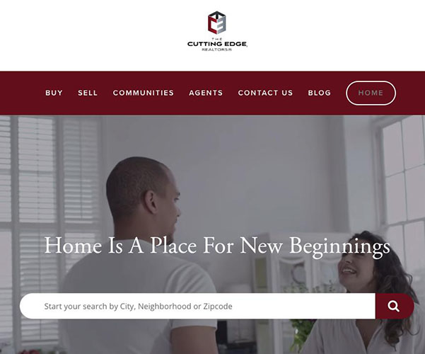 Cutting Edge Realtors website, titled "Home is a place for new beginnings".