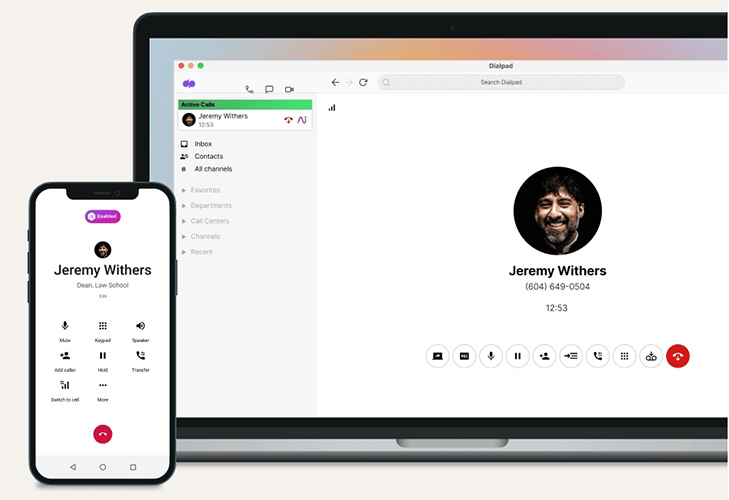 A side by side image of the Dialpad app on a smartphone and desktop.