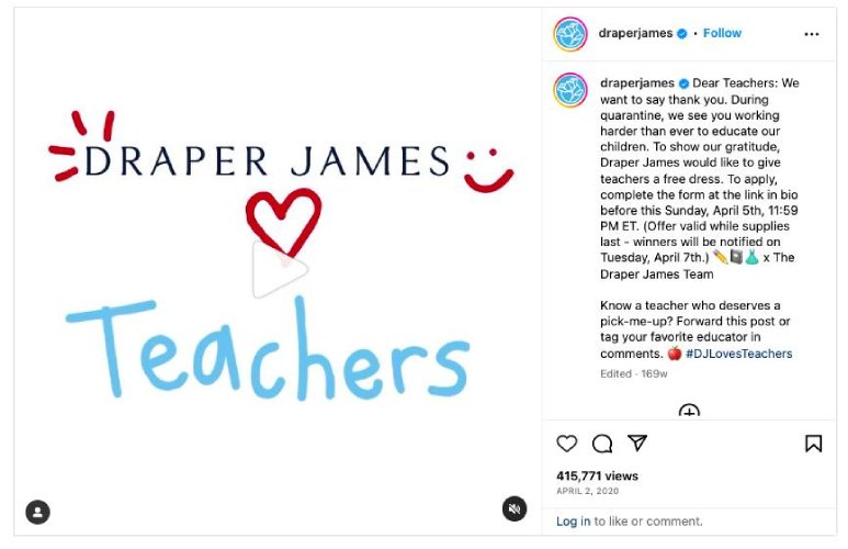 Image from Draper James' Instagram account announcing a dress giveaway