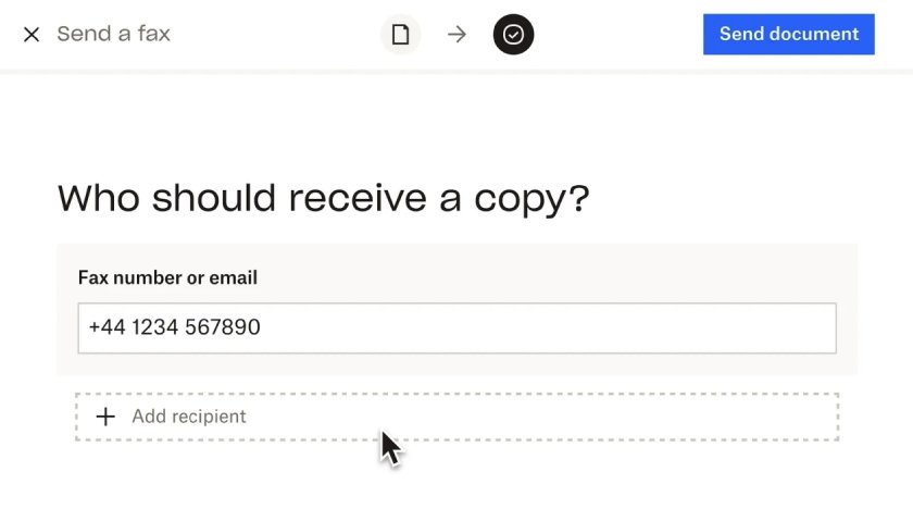A screenshot of fax recipient field using Dropbox Fax.