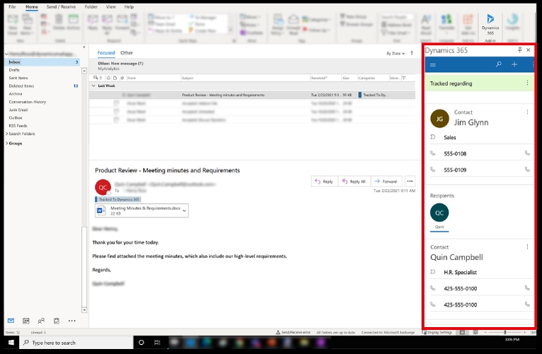Viewing a contact record in Dynamics 365 Sales using the Outlook plugin.