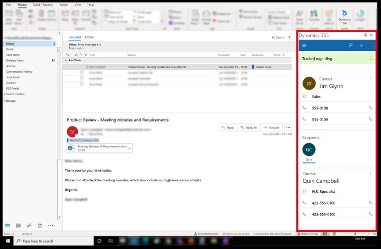 An example of Microsoft Dynamics 365 Sales plugin for Outlook to track customer interactions.