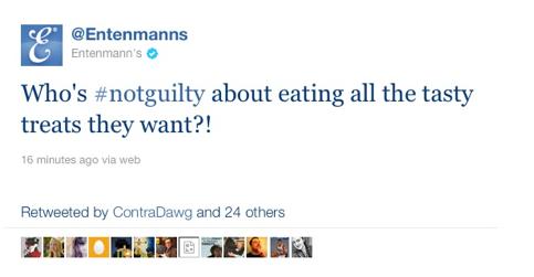 Tweet from Entenmann's account using the #notguilty hashtag.