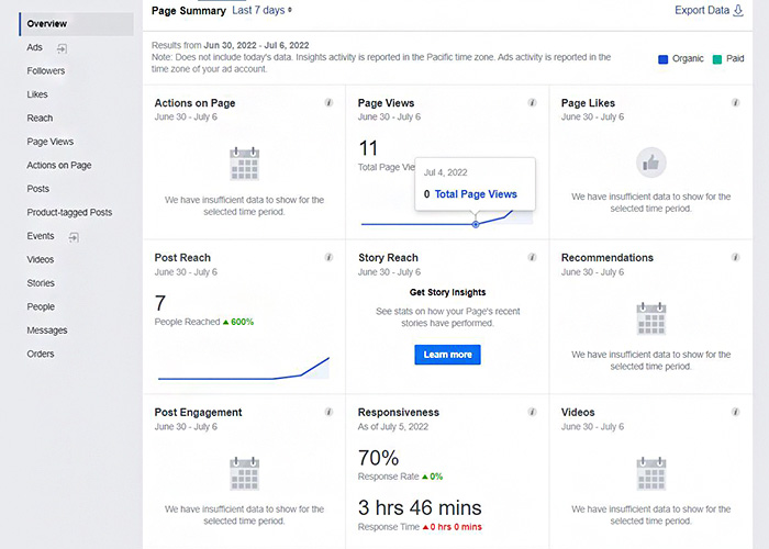 Sample overview of a Facebook page's metrics.