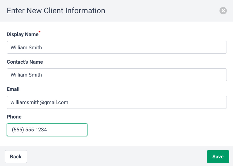 Screen where you can add a new client in Financial Cents.