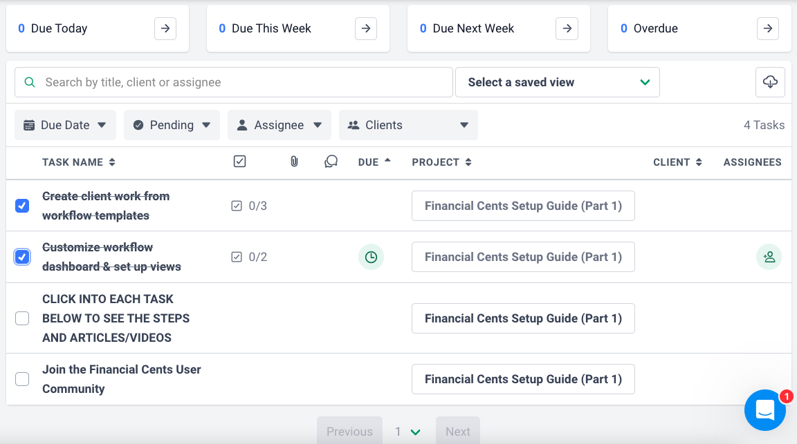 Screen where you can mark off tasks in Financial Cents as you complete them.