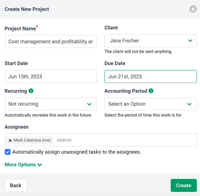 Screen where you can add a new project from scratch in Financial Cents.