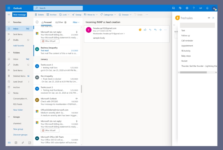 A list of tasks, appointments, sales activities, etc. in Outlook.
