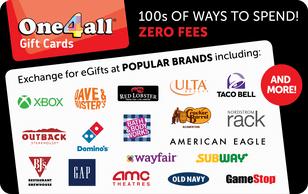 A multi-store gift card featuring the logos of various popular brands on the front.