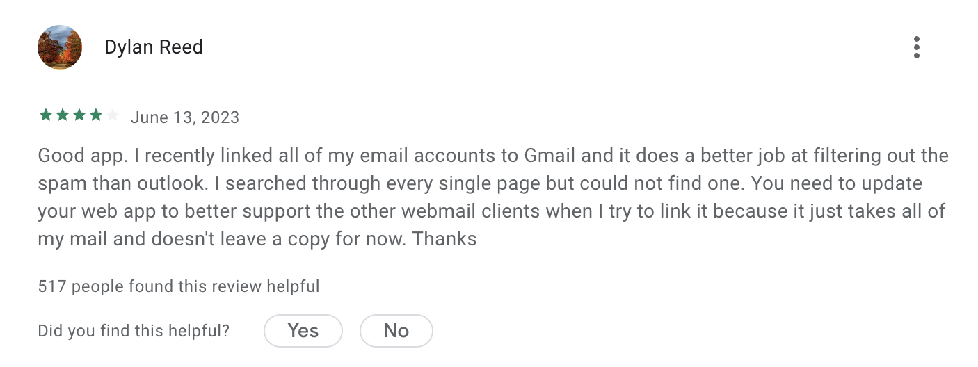 Review of gmail on Google Play.