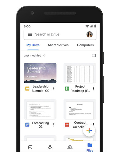 Google Drive's app interface showing different files stored in the platform's cloud storage.